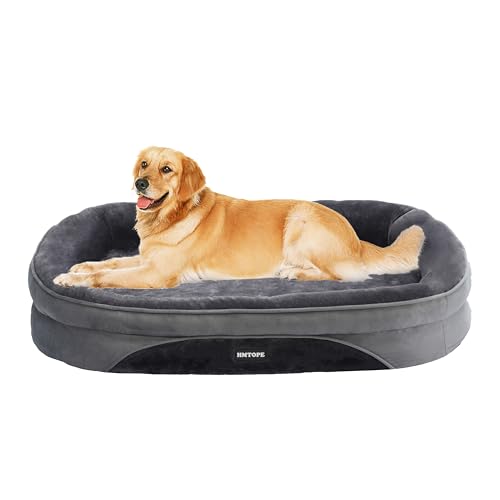 HMTOPE Orthopädisches Hundebett, Hundesofa, Vierseitiges Nackenrolle Kissen, rutschfeste Unterseite Hundekorb, Abnehmbar und Waschbar, Mittelgroße Hunde, Grosse Hunde, 106 x 79 x 17 cm, Dunkelgrau