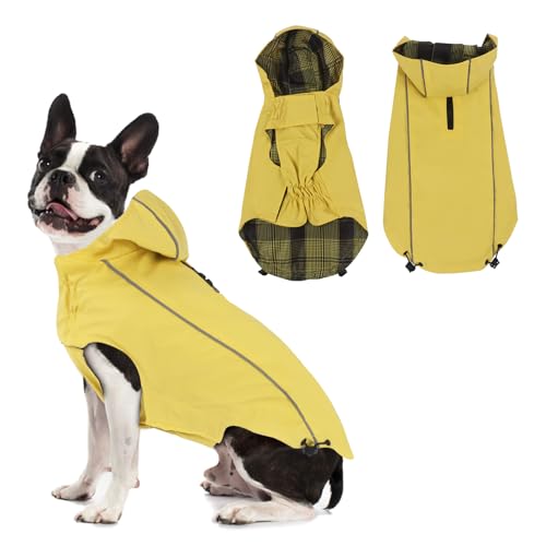 Vejaoo Regenmantel Hund Wasserdicht, Reflektierend Regenjacke mit Kapuze für Hund, Verstellbare Winddicht Regenjacken für Kleine Mittelgroße Groß Hunde Spaziergäng XZ015(Gelb,M)