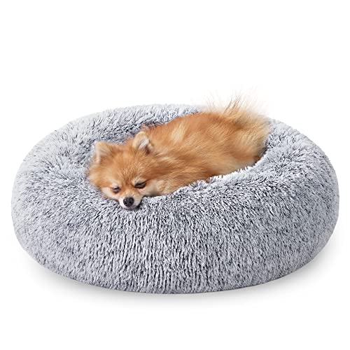 Feandrea Hundebett flauschig, Katzenbett, Donut Kissen, waschbar, Polsterung in der Mitte herausnehmbar, Langer Plüsch, 60 cm Durchmesser, Ombré-Grau PGW038G01